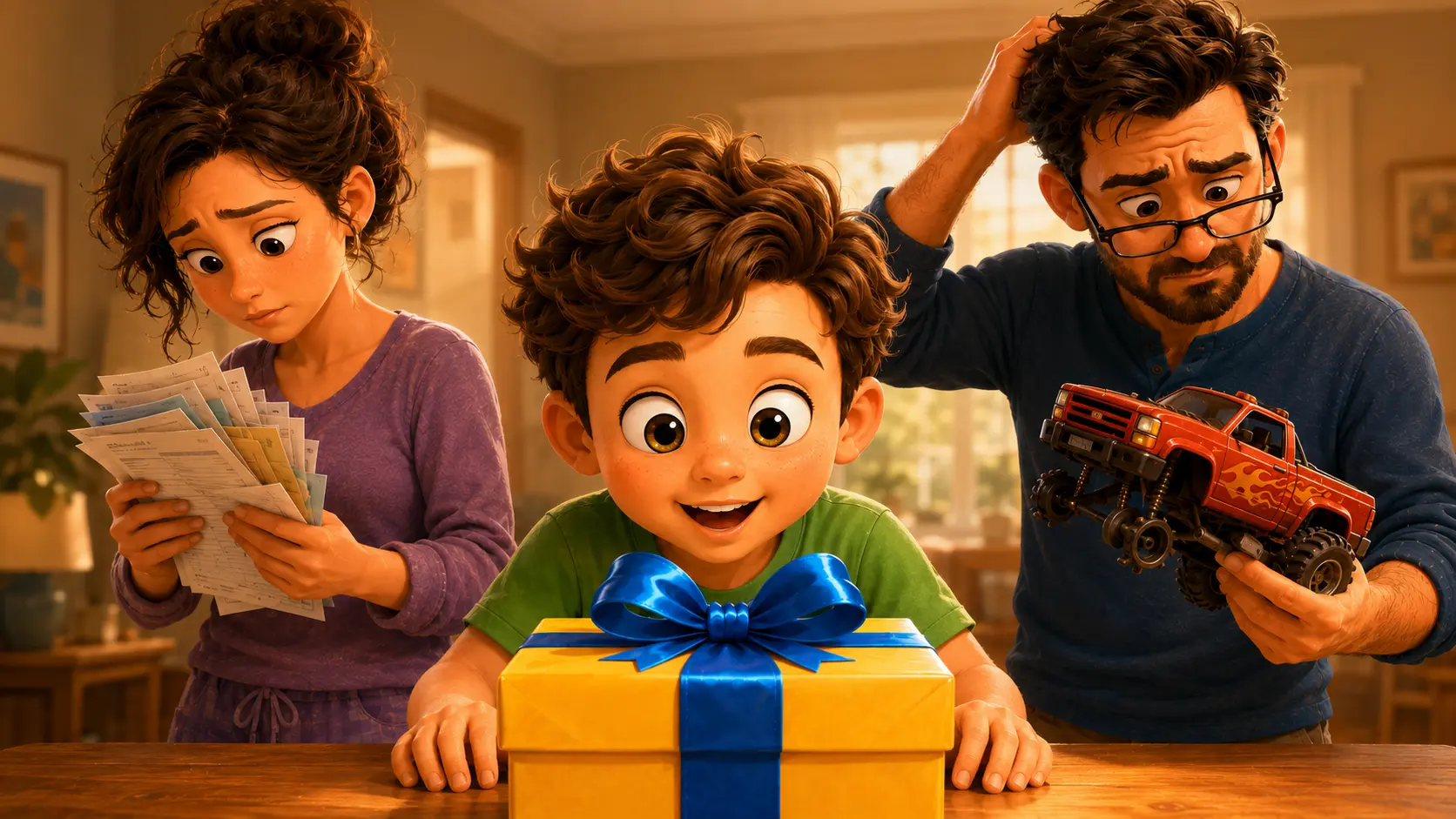 A child with a wrapped birthday present at the family table