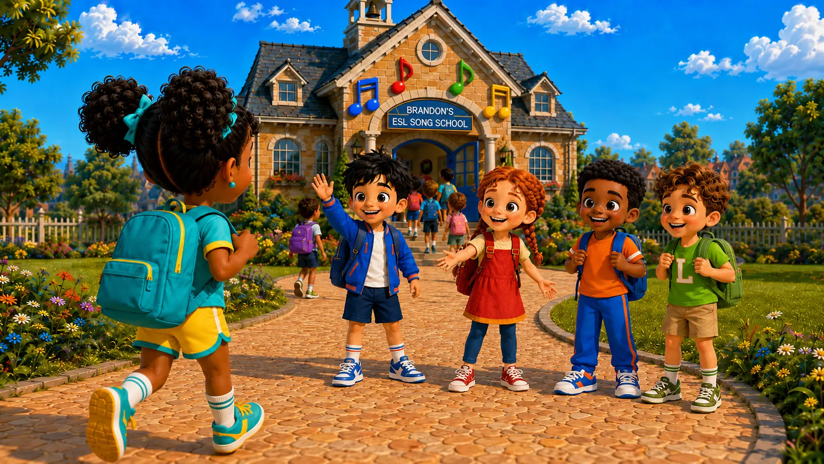 Children greeting each other outside a school building
