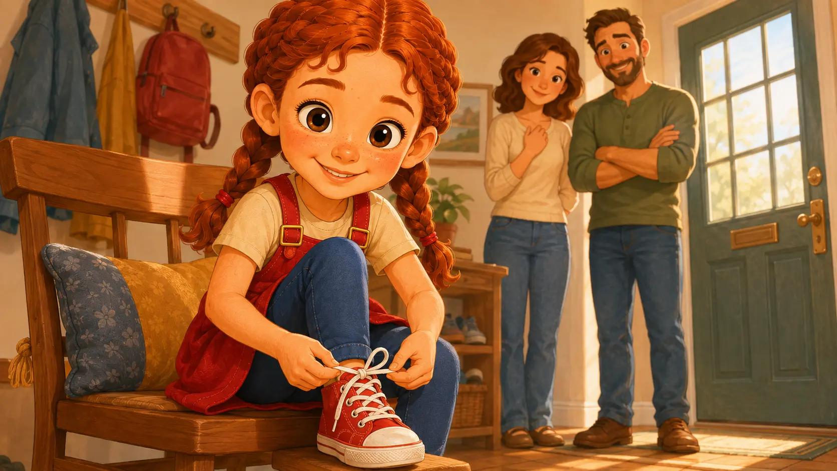 A child tying her shoelaces while her parents watch proudly