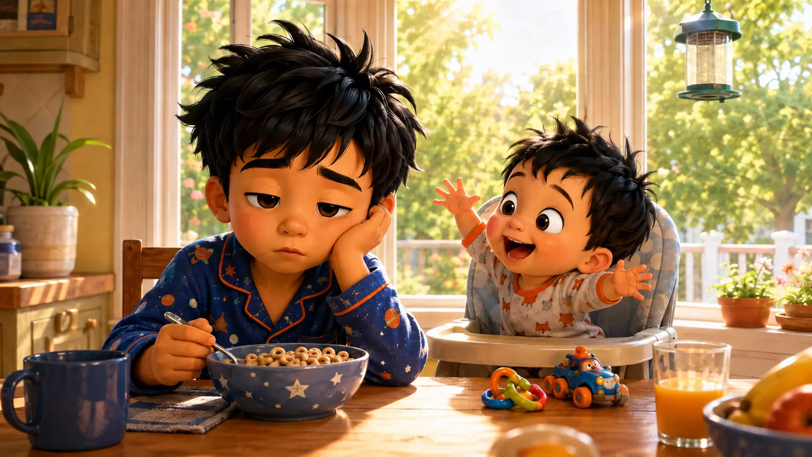 A sleepy child at the breakfast table beside a cheerful toddler